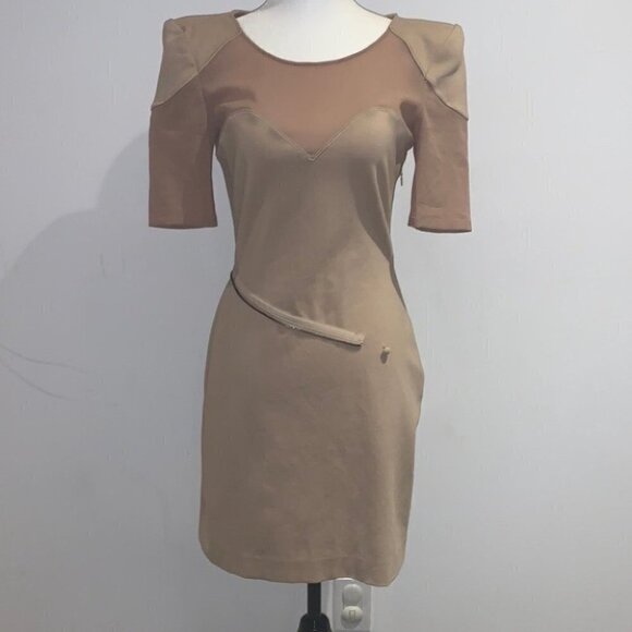 MACKAGE Tan Mesh Bandage Padded Shoulder Round  Neck Mini Bandage Dress Size 8 - Picture 3 of 16